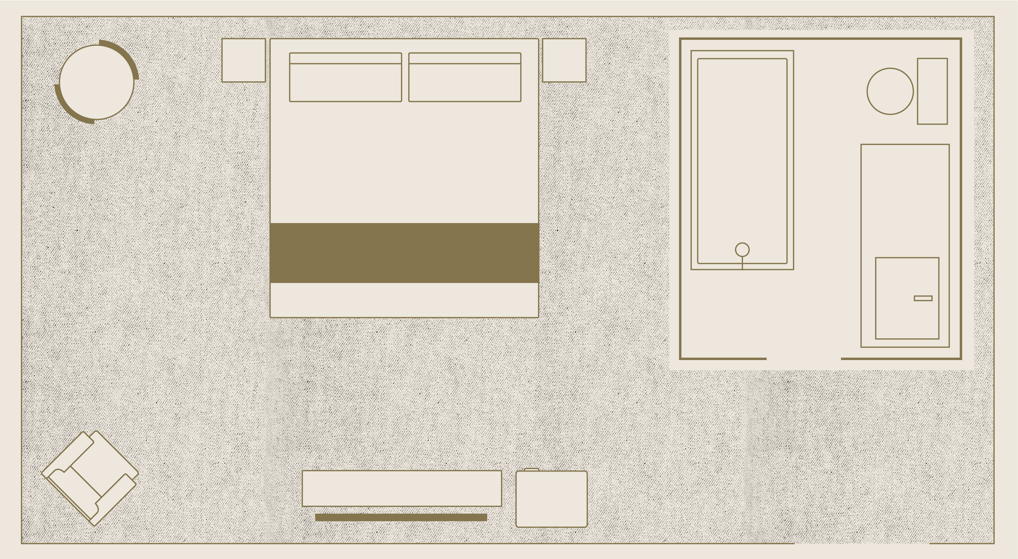 Top-down illustration of a hotel room layout. Features include a queen bed, nightstands, a chair, a round table, and a bathroom with walk-in shower. toilet and vanity. The layout is simple and organized..
