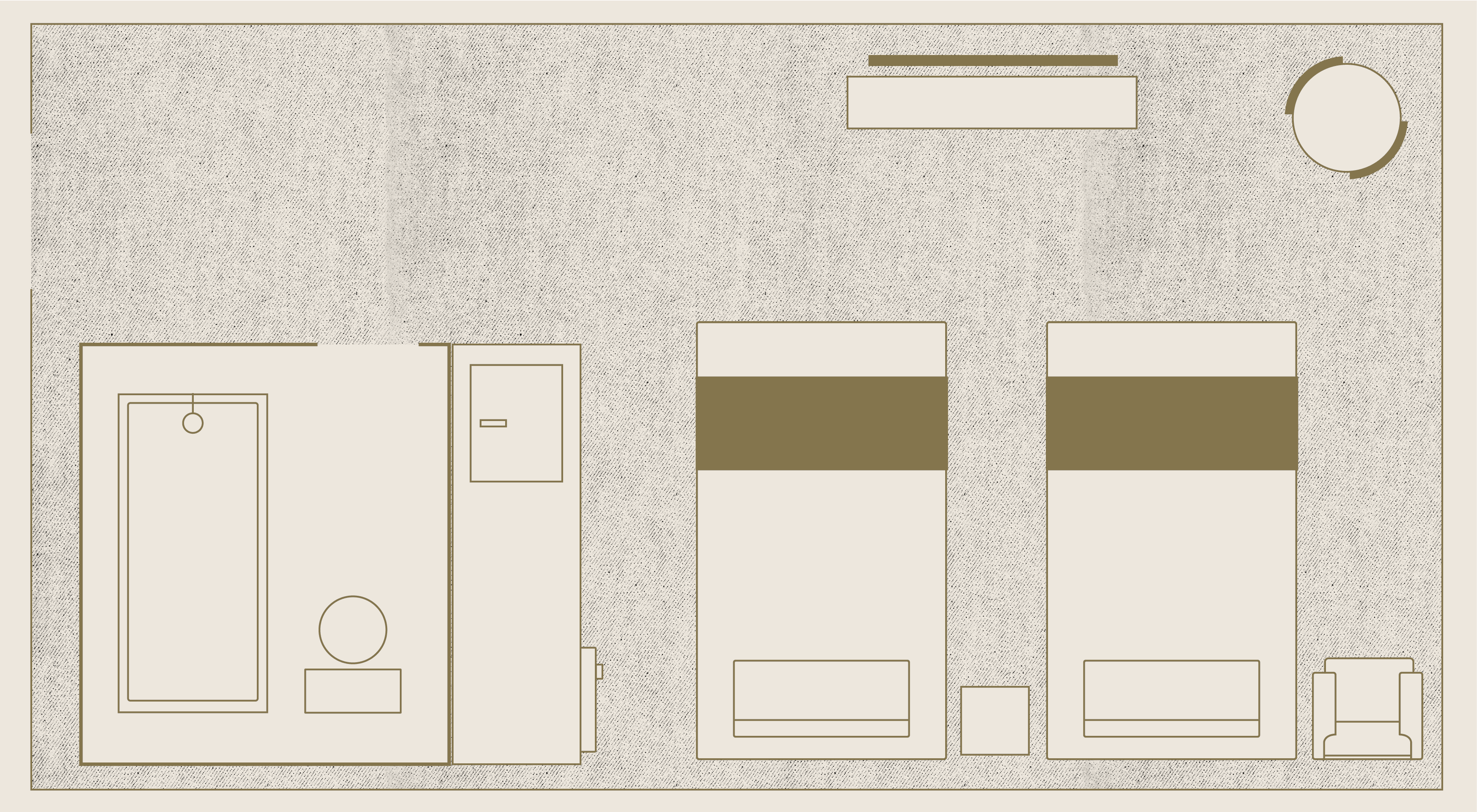 Floor plan of a hotel room with two beds, a bathroom with a tub, a desk, an armchair, and a circular table. The layout is simple and organized.
