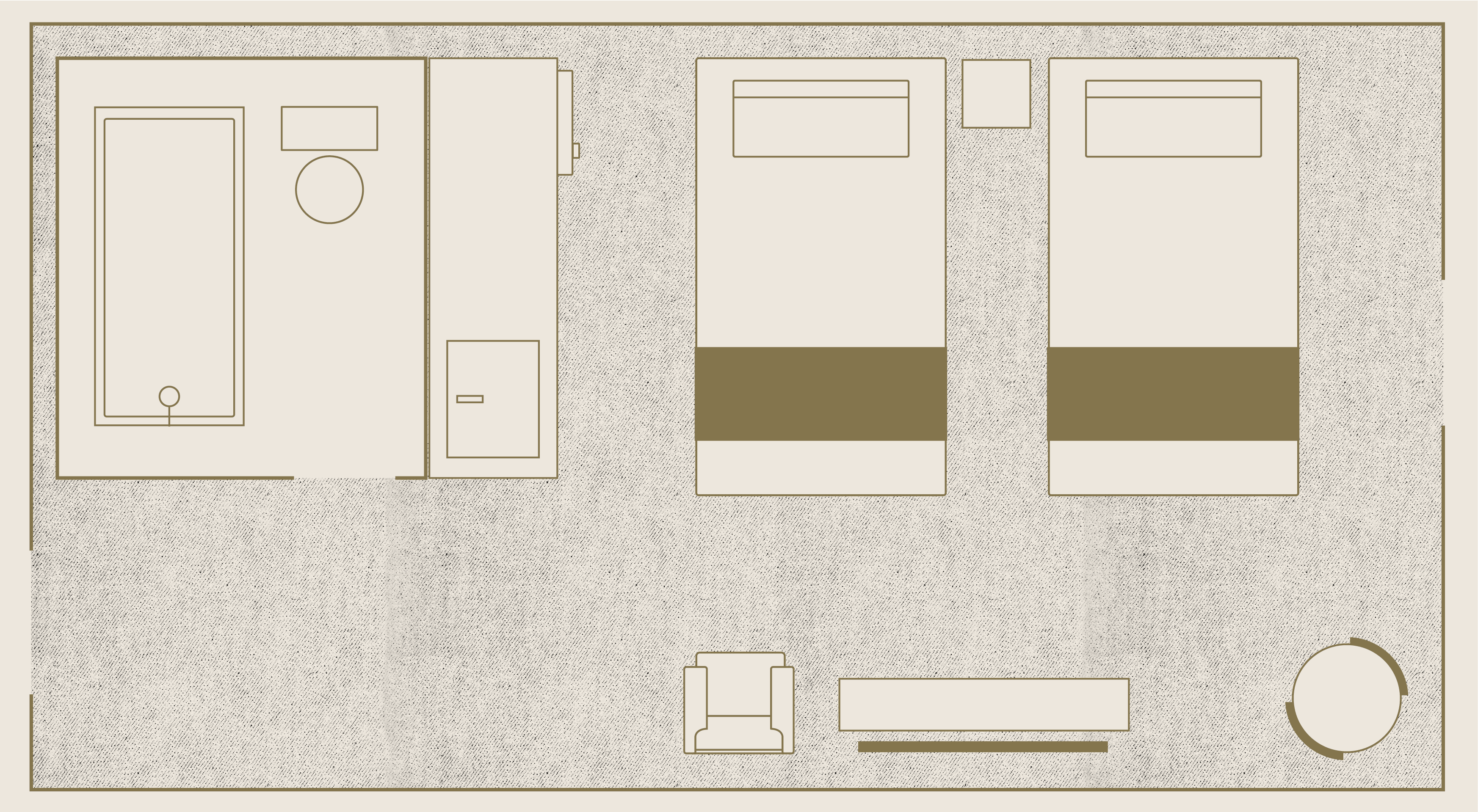 Floor plan of a hotel room with two beds, a bathroom with a tub, a desk, an armchair, and a circular table. The layout is simple and organized.