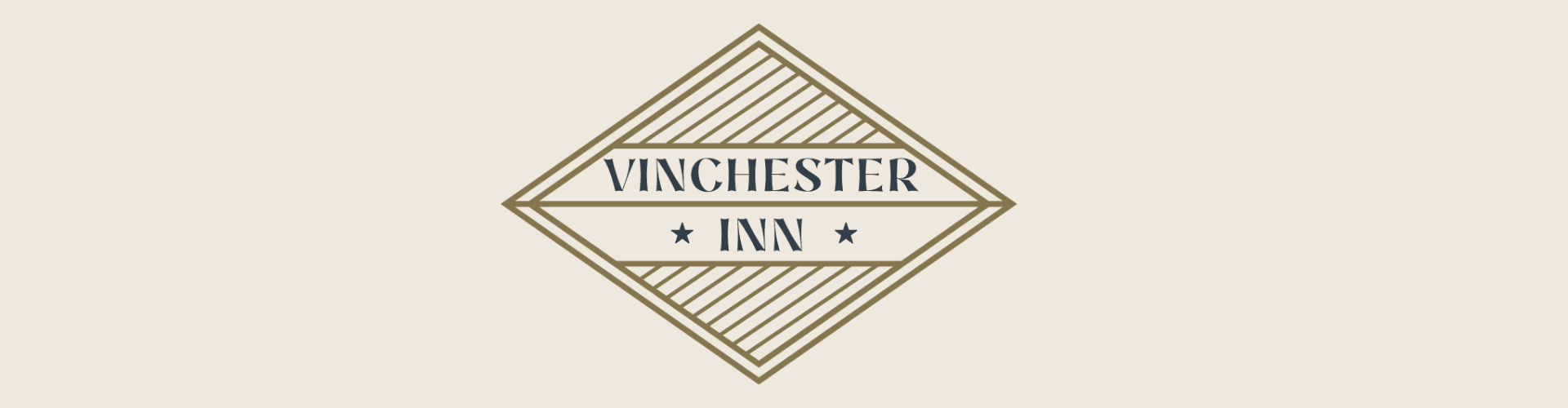 Logo of Vinchester Inn featuring a diamond shape with striped patterns and text in blue and gold.