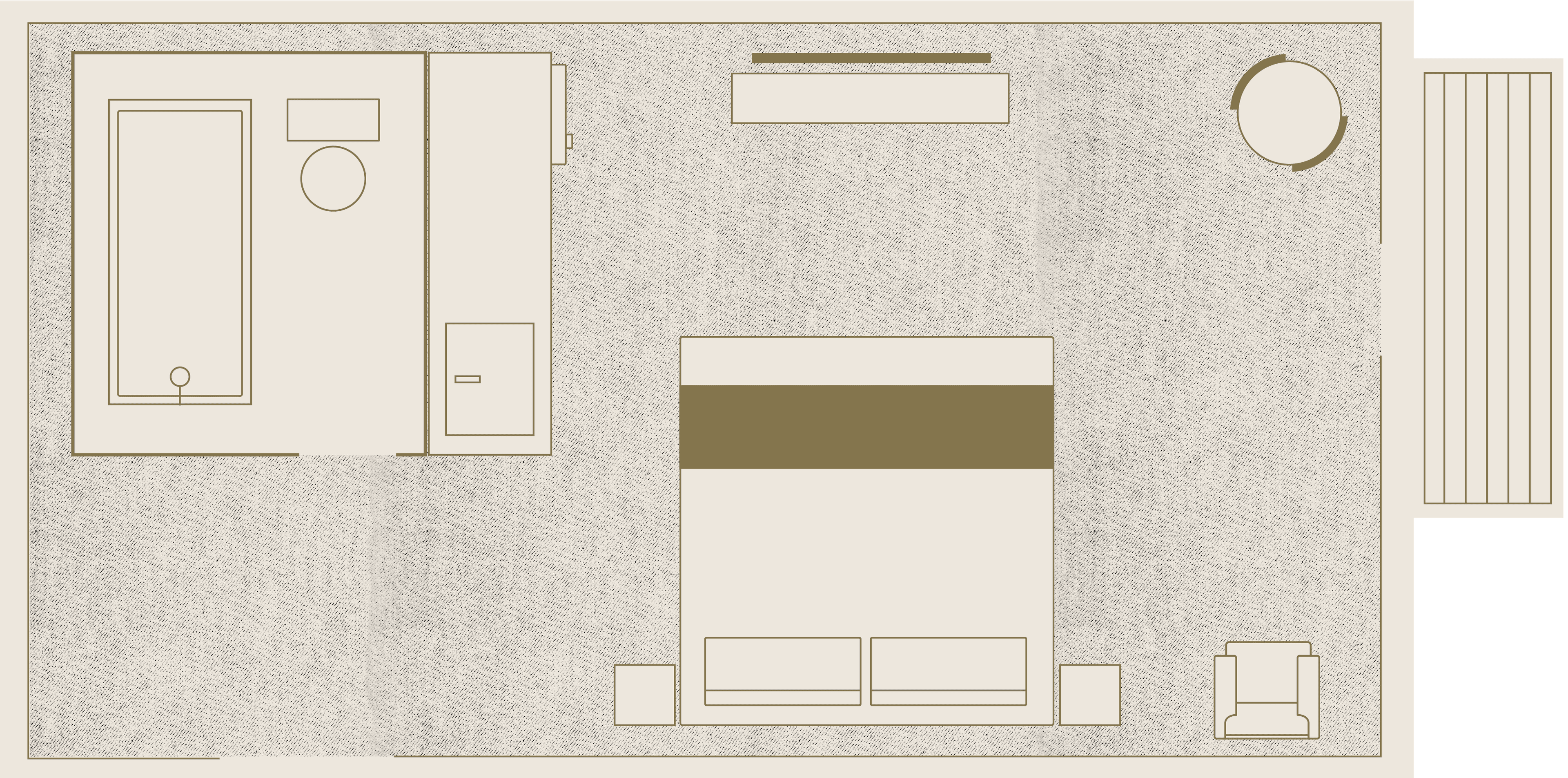 Floor plan of a hotel room with a king bed, a bathroom with a tub, a desk, an armchair, and a circular table. There is a balcony off the room. The layout is simple and organized.