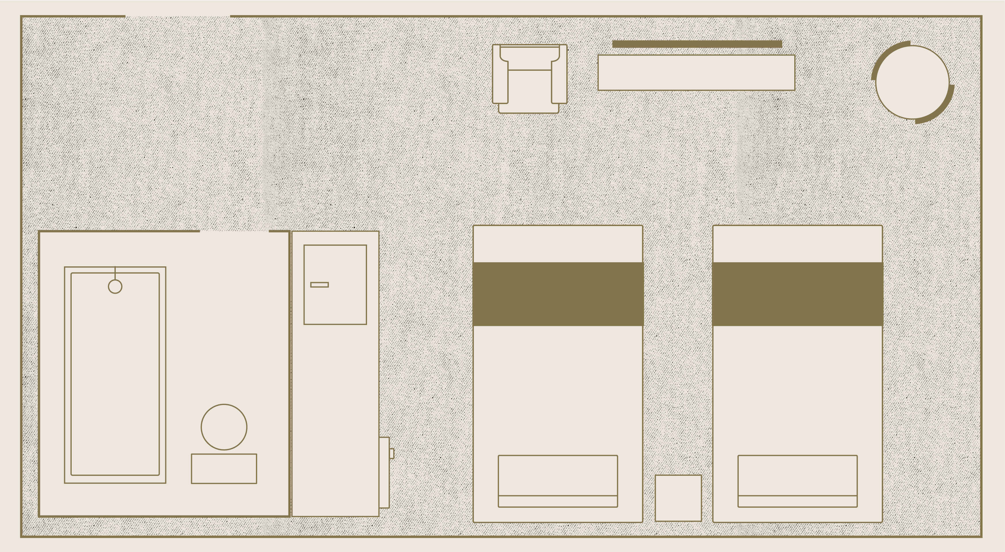 Floor plan of a hotel room with two beds, a bathroom with a tub, a desk, an armchair, and a circular table. The layout is simple and organized.