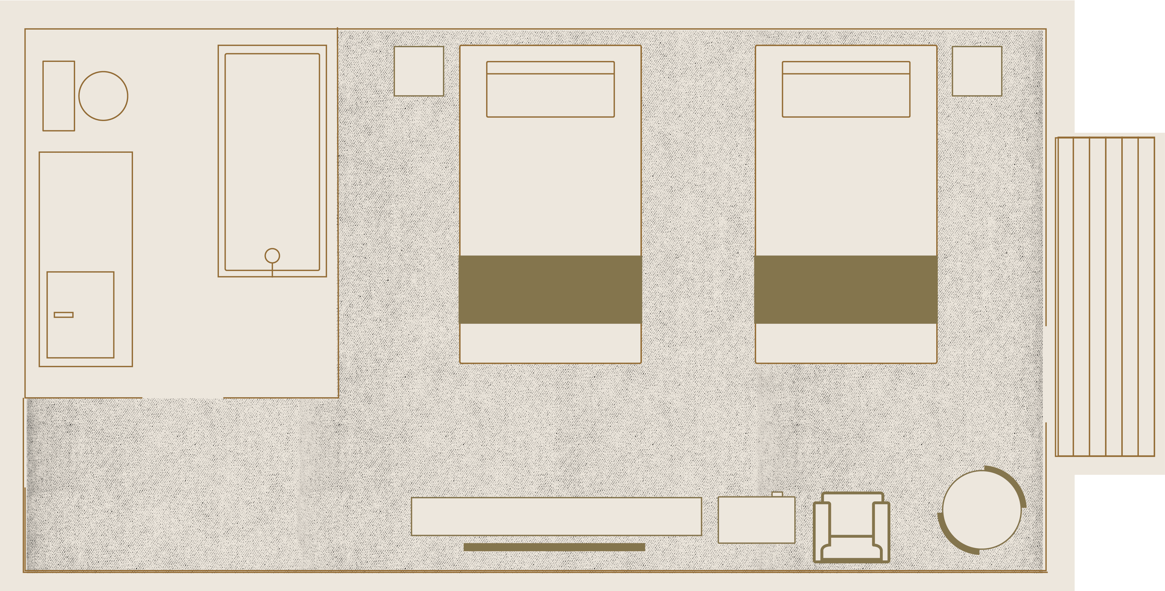 Floor plan of a hotel room with two beds, a bathroom with a tub, a desk, an armchair, and a circular table. There is a balcony off the room. The layout is simple and organized.
