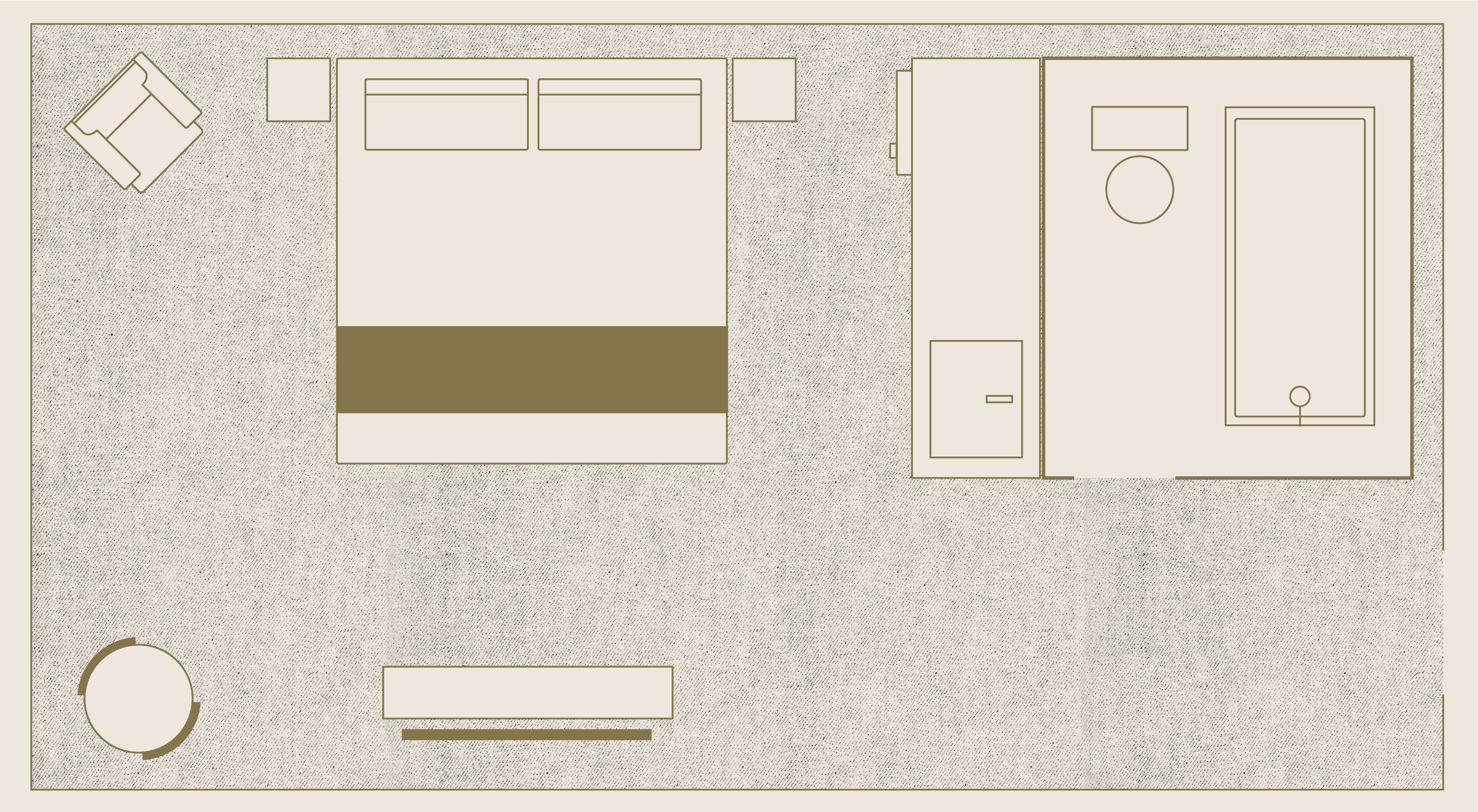 Floor plan of a hotel room with a king bed, a bathroom with a tub, a desk, an armchair, and a circular table. The layout is simple and organized.