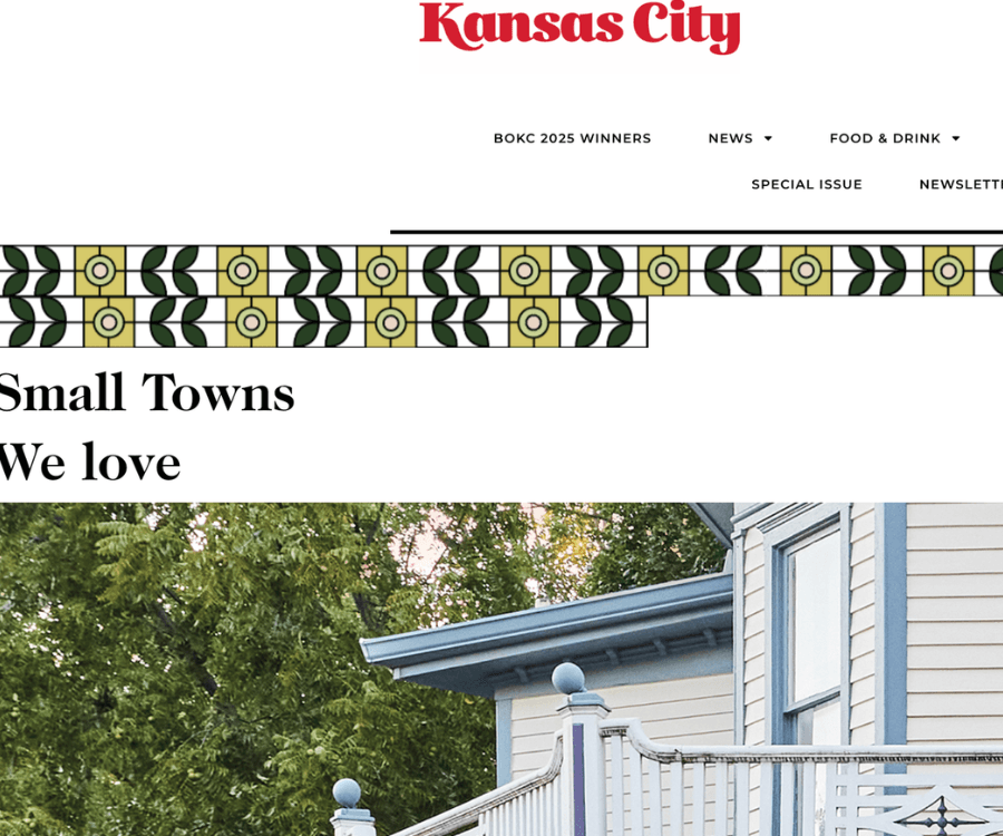 Homepage of Kansas City magazine featuring the headline "Small Towns We Love."