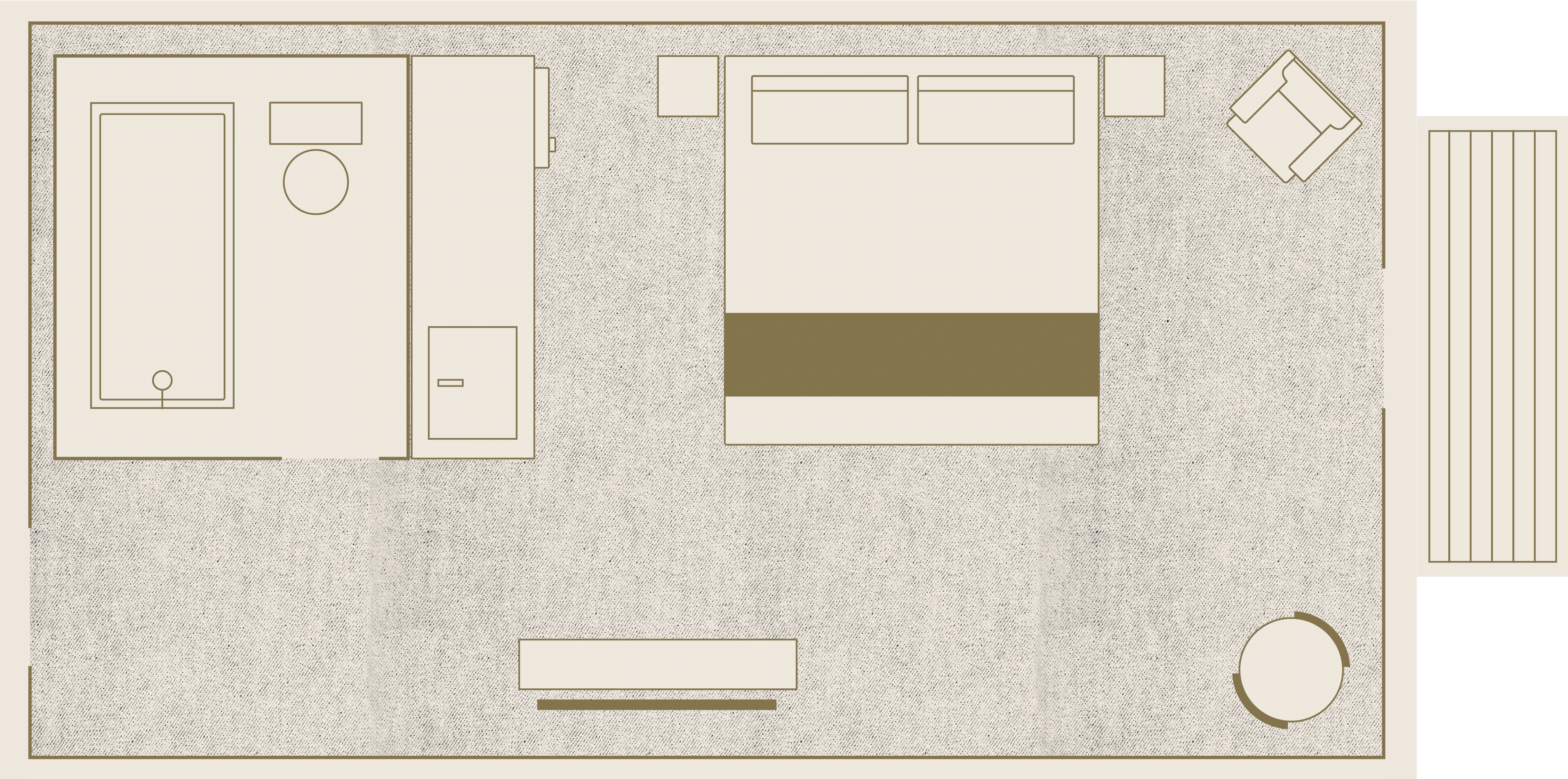 Floor plan of a hotel room with a king bed, a bathroom with a tub, a desk, an armchair, and a circular table. There is a balcony off the room. The layout is simple and organized.