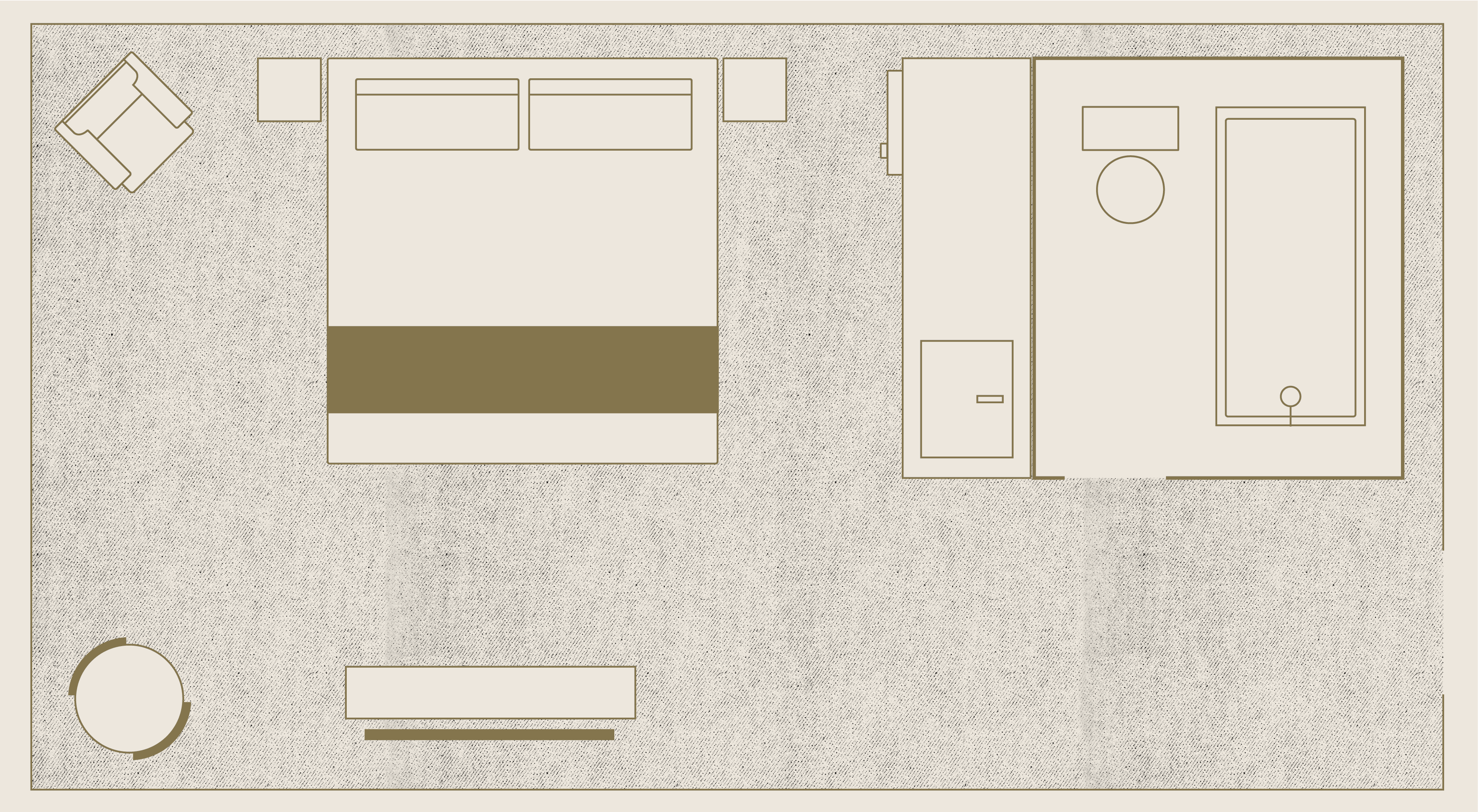 Floor plan of a hotel room with a king bed, a bathroom with a tub, a desk, an armchair, and a circular table. The layout is simple and organized.