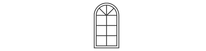 A stylized black outline of an arched window with multiple panes.