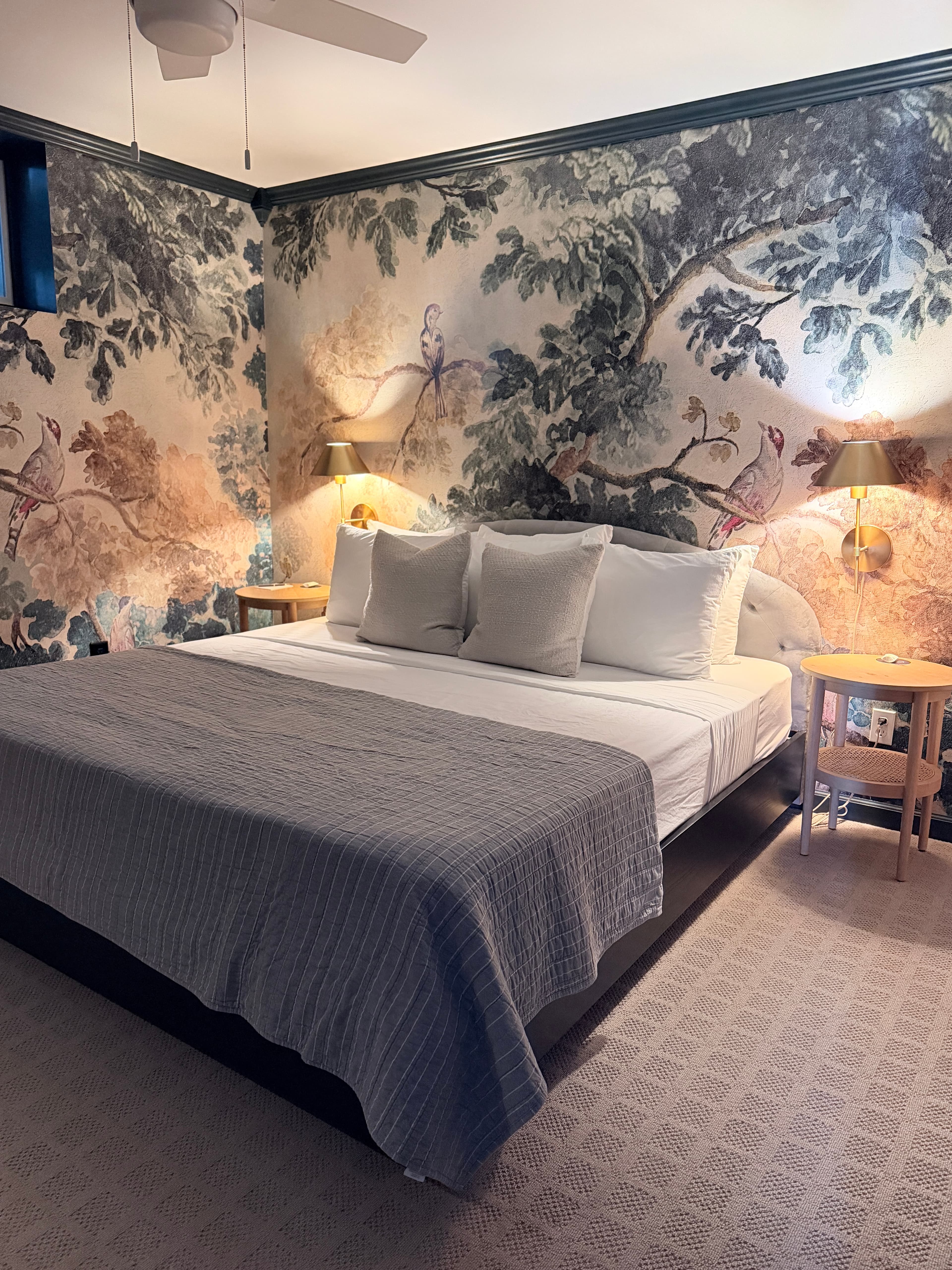 A cozy bedroom featuring a large bed with decorative pillows and a mural of nature on the walls.