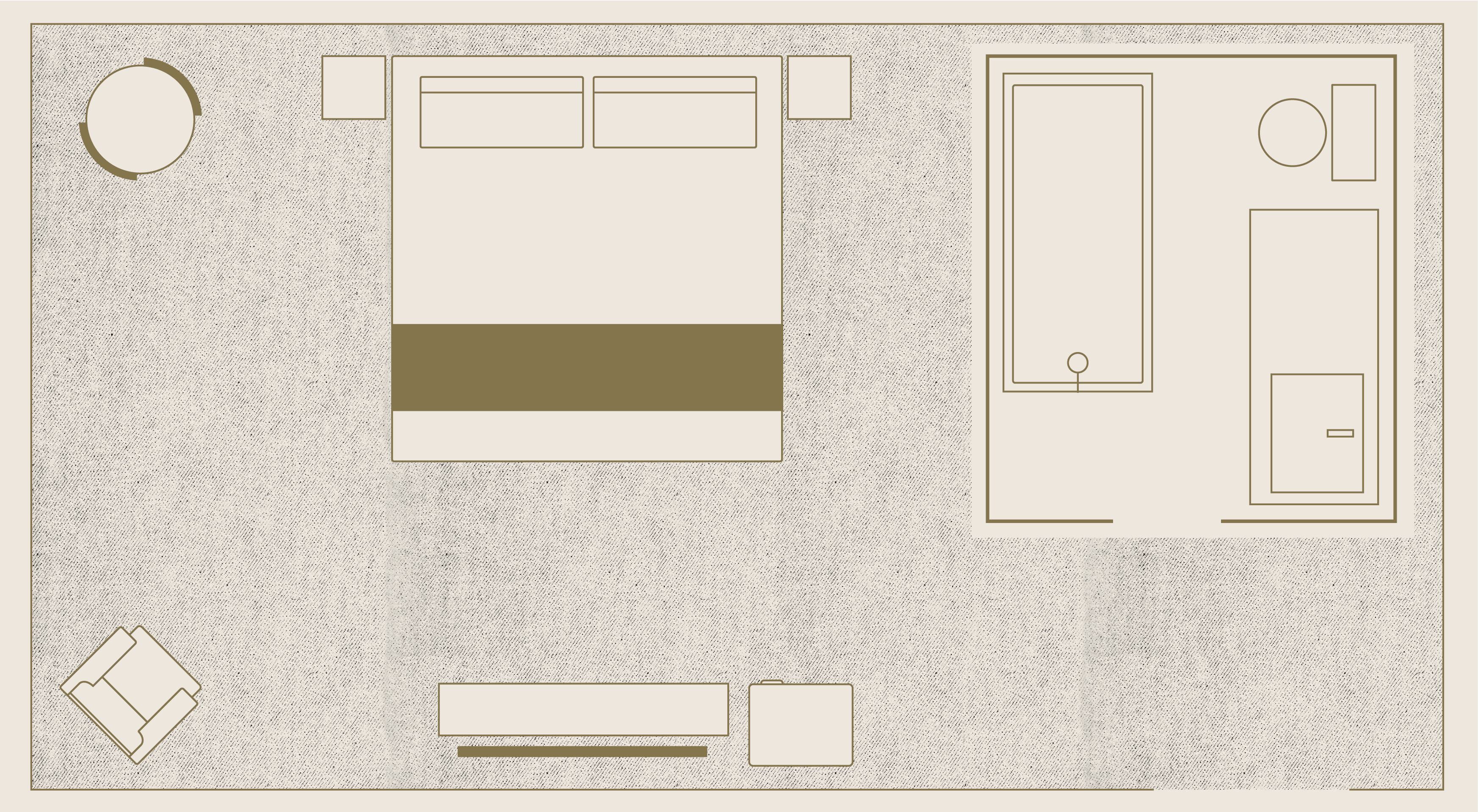 Top-down illustration of a hotel room layout. Features include a queen bed, nightstands, a chair, a round table, and a bathroom with walk-in shower. toilet and vanity. The layout is simple and organized..