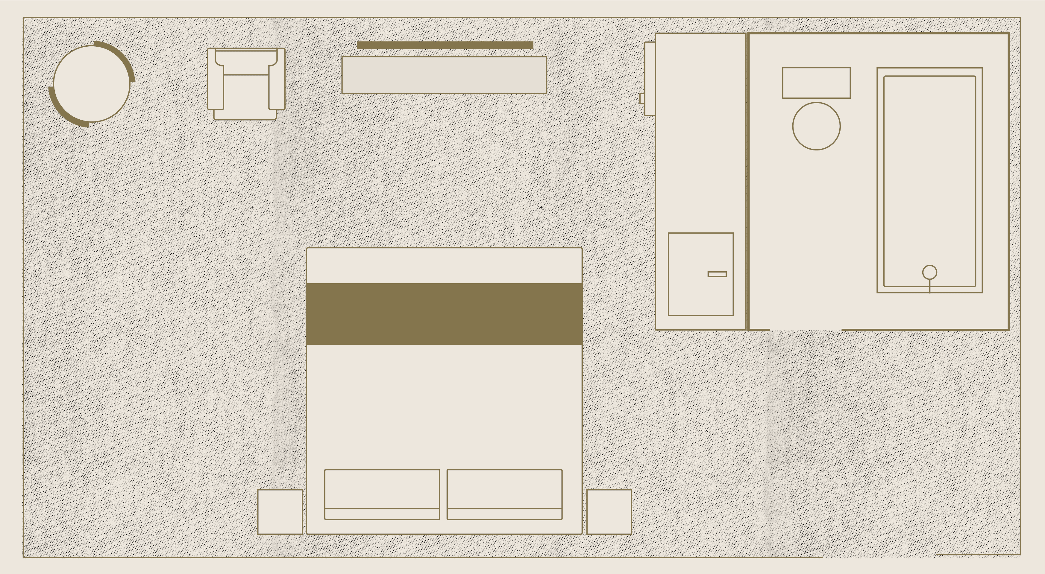 Floor plan of a hotel room with a king bed, a bathroom with a tub, a desk, an armchair, and a circular table. The layout is simple and organized.
