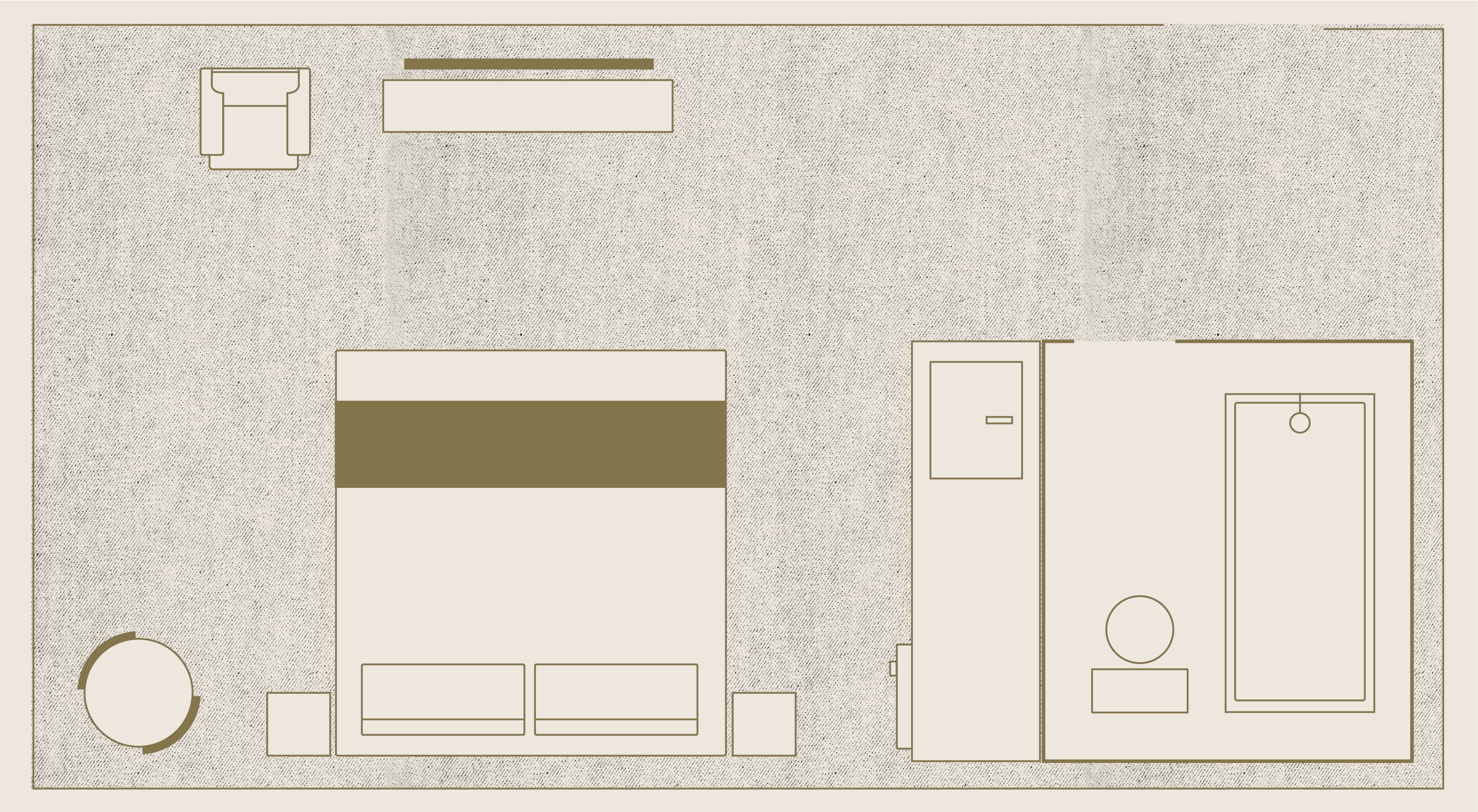 Floor plan of a hotel room with a king bed, a bathroom with a tub, a desk, an armchair, and a circular table. The layout is simple and organized.